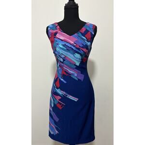 Kay Unger New York Sheath Dress Womens 0 Blue Pink Abstract Sleeveless Cocktail